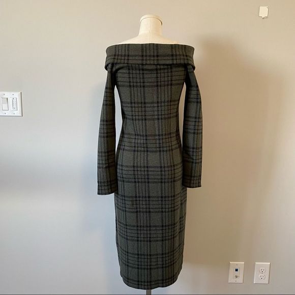 Banana Republic Green Plaid Off The Shoulder Midi Slim Fit Pencil Dress - Picture 11 of 15